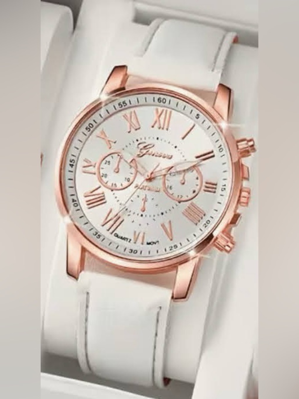 1-White and Rose Gold Women's Chronograph Wrist Watch